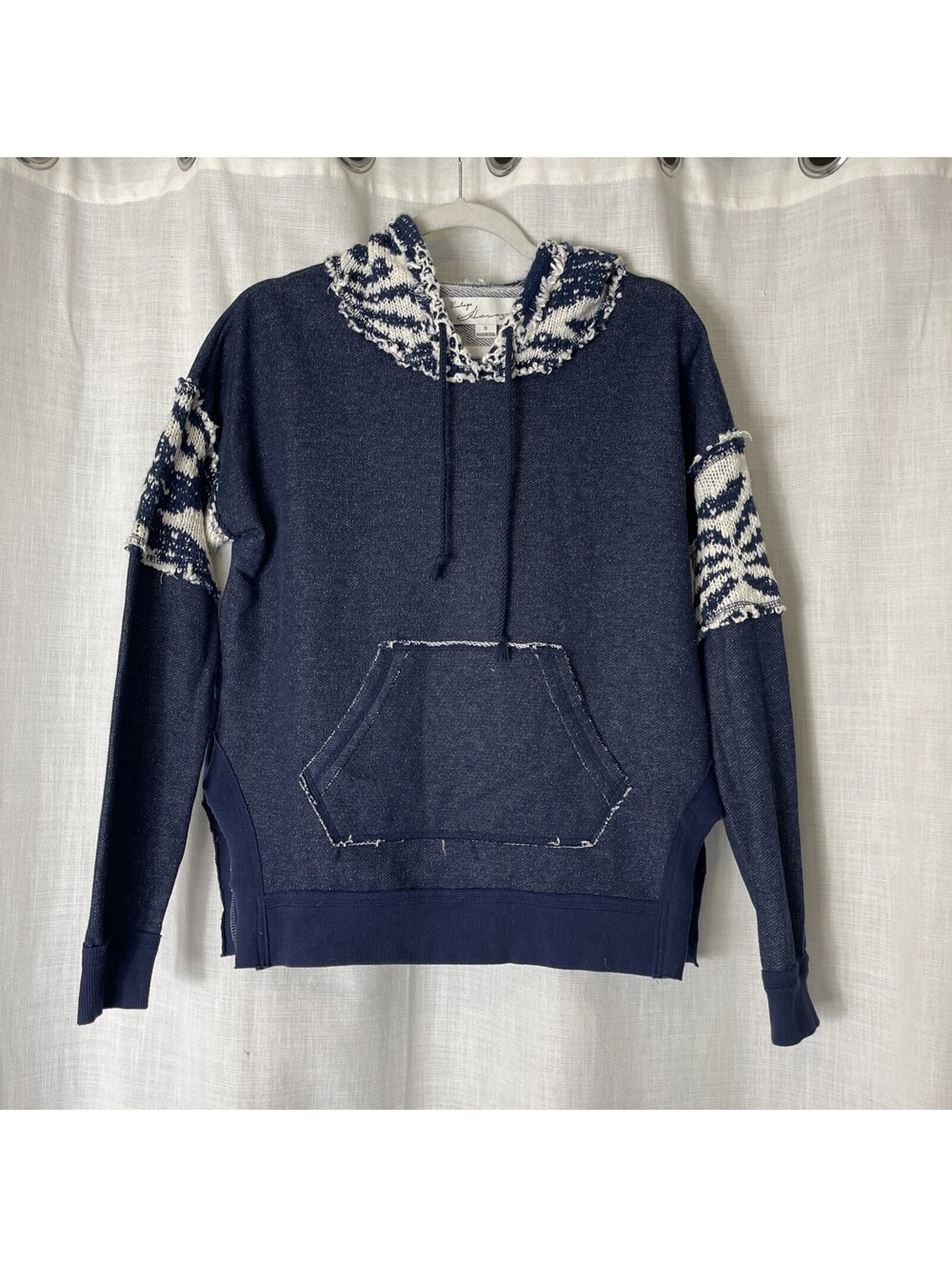 Vintage Havana Pullover Hoodie Front Pocket Navy Blue Cotton And Knit Women Smal